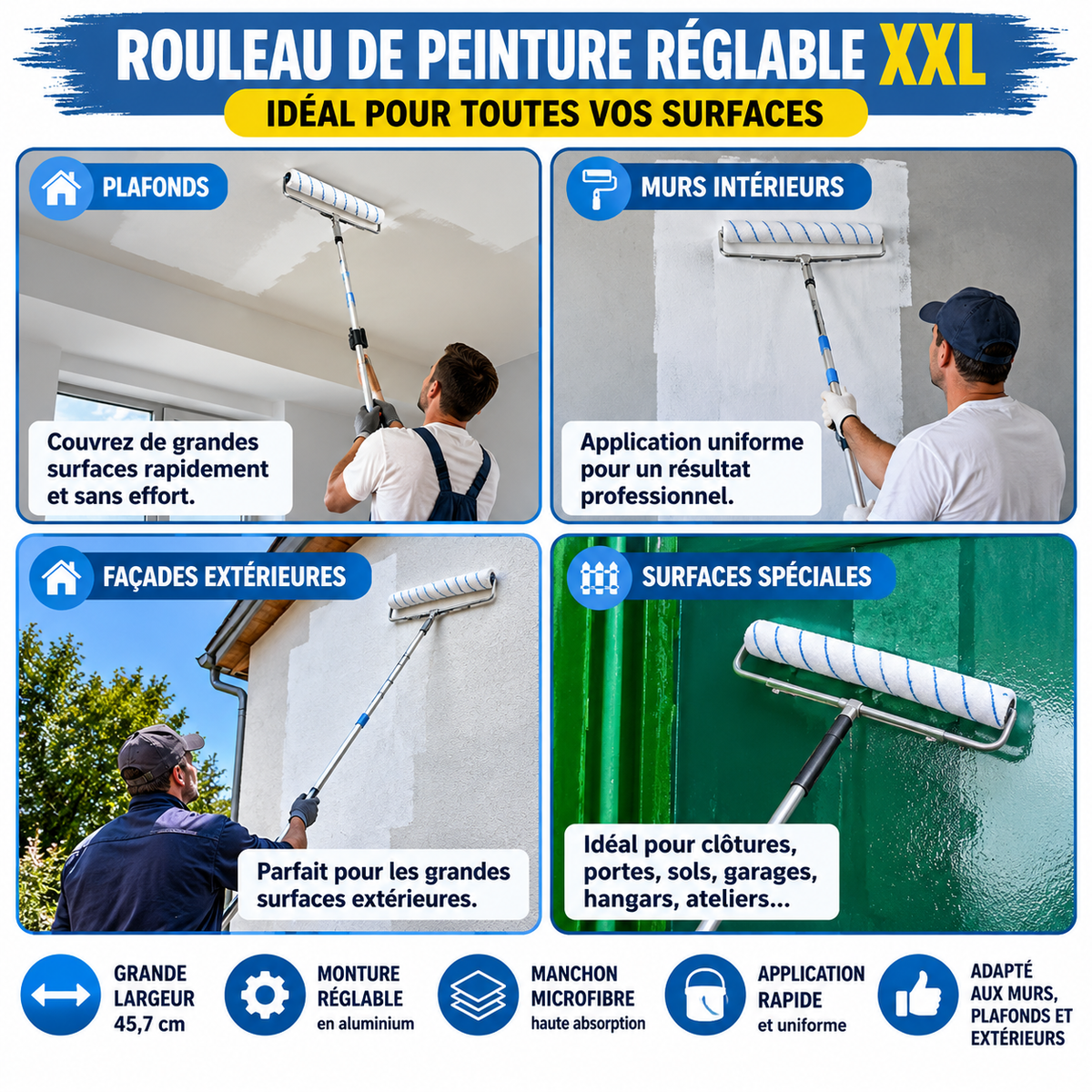 Rouleau de peinture XXL 46 cm – Microfibre et monture réglable