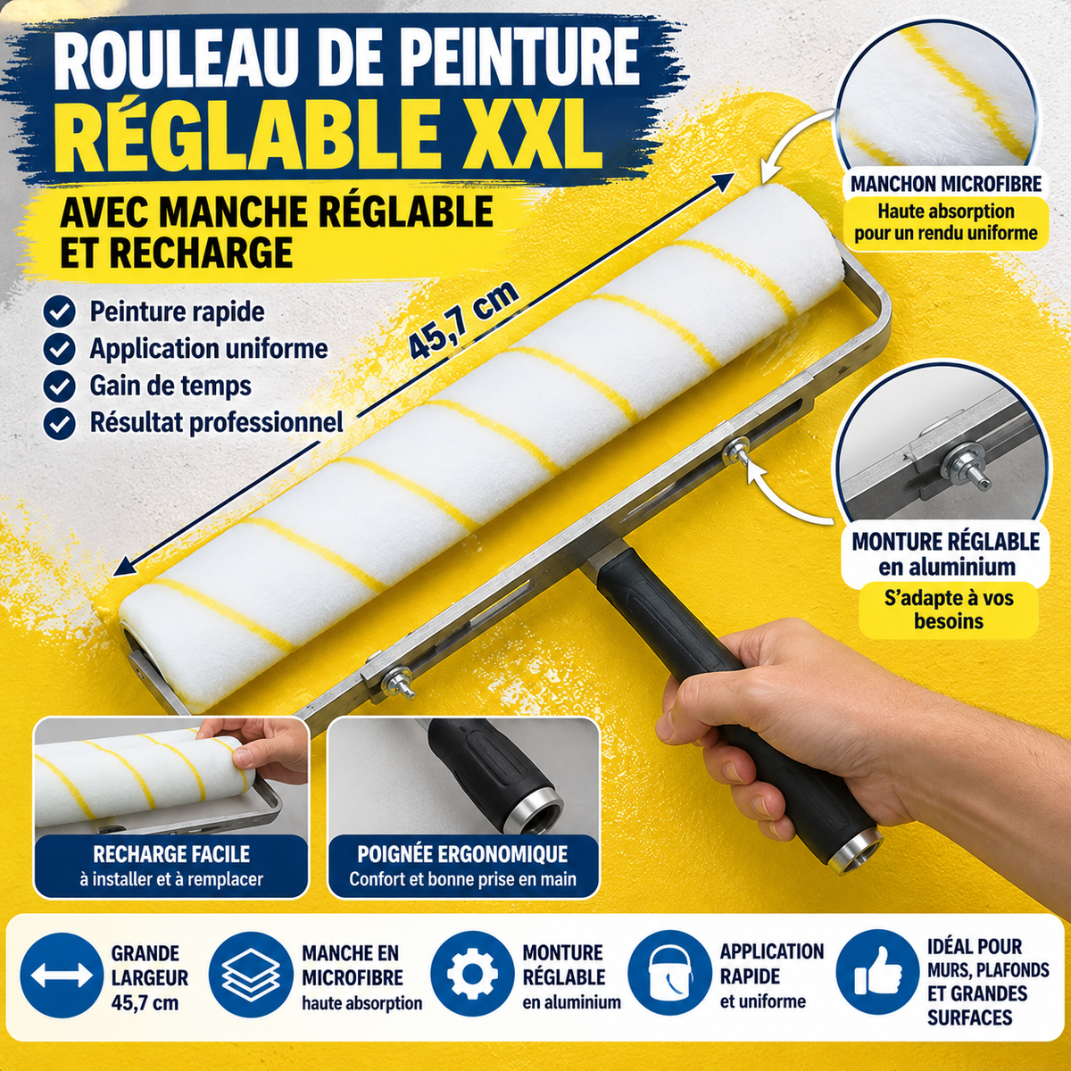 Rouleau de peinture XXL 46 cm – Microfibre et monture réglable